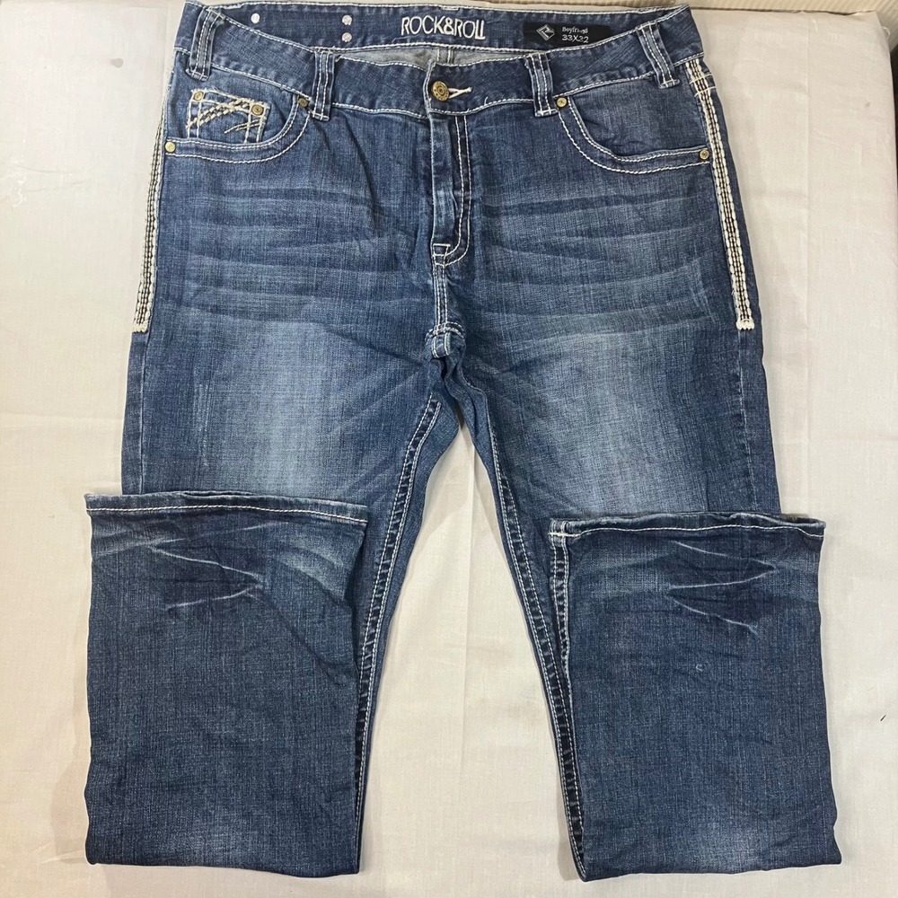 Rock & Roll Cowgirl Boyfriend Jeans 33x32 Medium Dark Wash Thick Stitch W2-2468